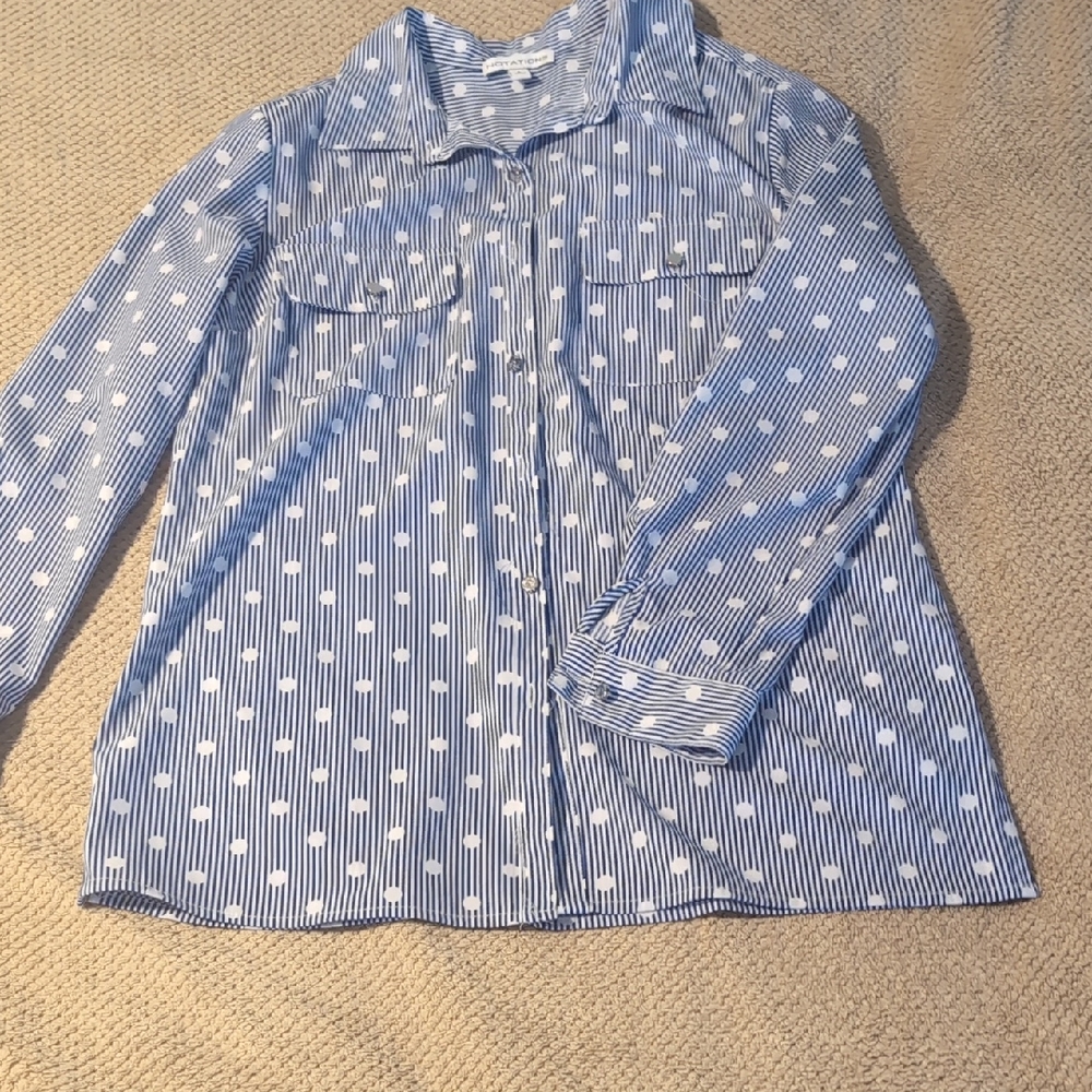 Notations Royal Blue and White Polka Dot Button Down Shirt